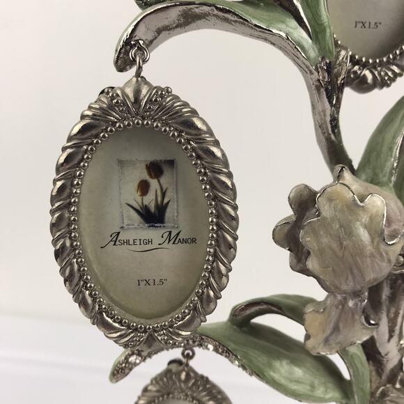 Ashleigh Manor 5 Frame Family Photo Tree Pewter Rhinestone Enamel Floral Flower - Picture 4 of 16